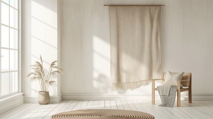 A modern, Scandinavian style wall painted in crisp, white with a single, oversized, knitted tapestry in neutral tones.