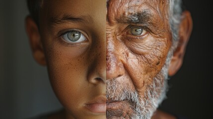 Dual Age Portrait, Childhood and Adulthood Merge in Striking Image of Man, Symbolizing Time, Growth, and Transformation