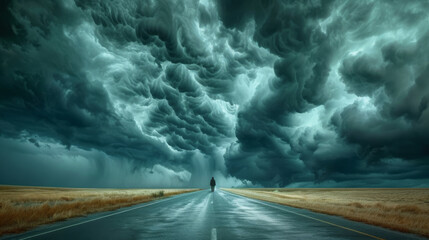 Solitary figure stands on a highway under dramatic, swirling storm clouds, portraying a scene of impending doom amidst the vast isolation of an open landscape