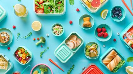 Lunchboxes with different delicious food on turquoise