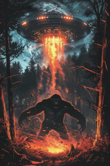 Alien UFO and bigfoot encounter in the forest. Flying saucer and sasquatch abduction in the woods.