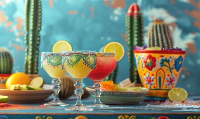 Cinco de Mayo celebration with cactuses and margaritas festive celebration AI generative background