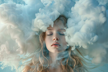 Head in the clouds concept, a young girl with blonde hair with her head in a cloud, daydreaming, imagination concept