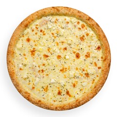 Pizza four cheese on a white background, isolation, top view. High quality
