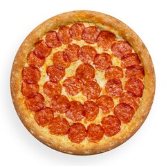 Pepperoni pizza on a white background, isolation, top view. High quality