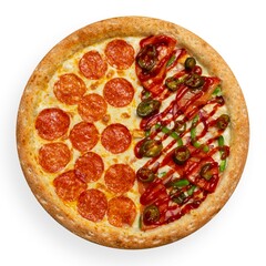 Pizza half pepperoni, half with jalapeno, tomato and pepper on a white background, isolated, top...