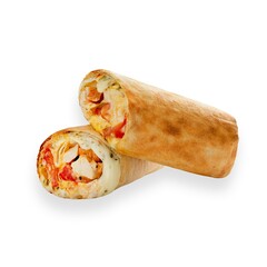Dough roll with chicken, cheese and tomato on a white background, isolation