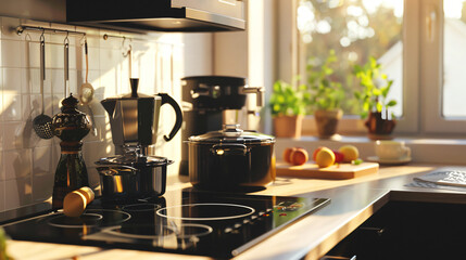Cooking pot and coffee maker on electric stove 