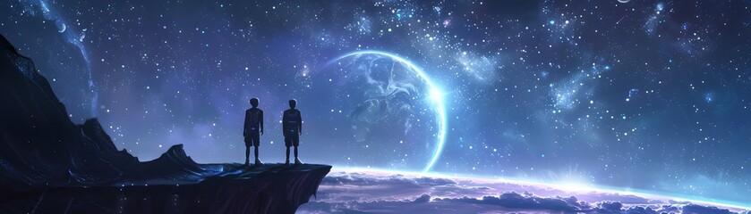 Fototapeta premium Adventurers Stargazing on Futuristic Hover Platform in Dreamlike Celestial Landscape