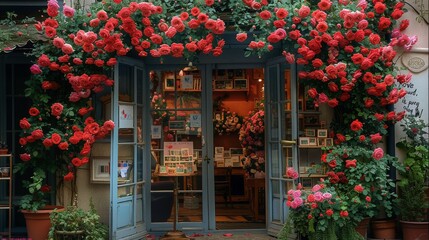 A shop full of roses, roses in the shape of love climb on the door. Generative AI.