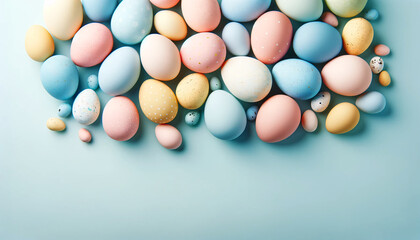 a collection of pastel-colored Easter eggs on a light blue background