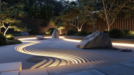 A modern Zen garden at twilight, featuring smoothly raked sand and minimalist sculptures, illuminated by soft LED lights, blending traditional Asian aesthetics with futuristic elements
