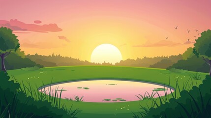Modern illustration of a nature sunset landscape featuring ponds at green fields with bushes at sunrise or early evening. Background of a lake with pink skies, a background of nature, and a natural