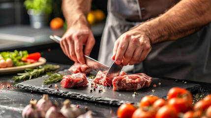 Man cutting raw meat on slate plate in kitchen