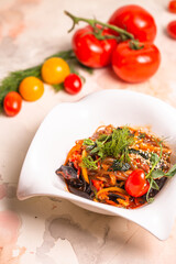 Tasty Japchae with Sweet Potato Noodles, Fresh Veggies, Tomatoes, and Dill