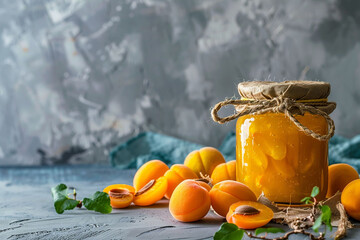Homemade apricot jam in a glass jar with fresh apricots on a gray concrete background 