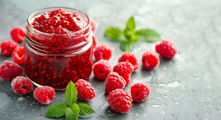 Raspberry jam in glass jar and fresh berries on grey table, closeup