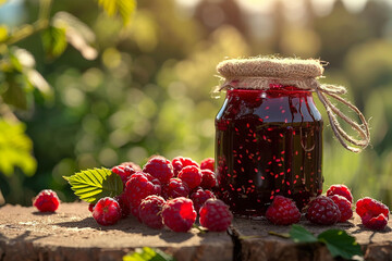Jar of raspberry jam. Raspberry jam in a glass jar on a wooden stump in the garden