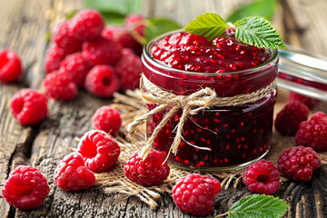 Raspberries. Raspberry jam in a glass jar and fresh berries on a wooden background