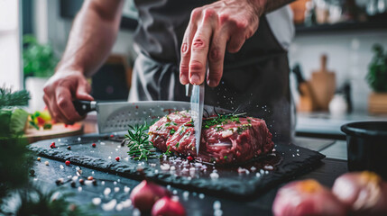 Man cutting raw meat on slate plate in kitchen