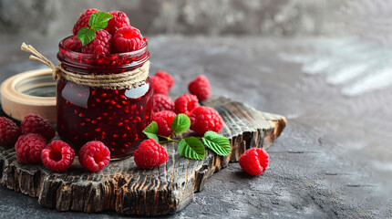Jam, berries and mint. Raspberry jam in a glass jar with fresh berries on a rustic wooden board