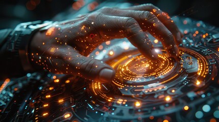 Close-up of a business strategists hands navigating a futuristic interface, strategy in action