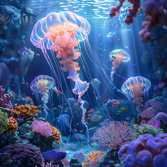 Underwater world with jellyfish and coral reef. 3D illustration