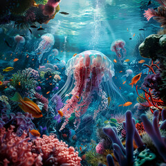 Jellyfish in a coral reef. 3d render illustration.