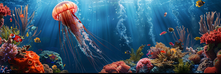 Сoral reef in the sea. Underwater world with jellyfish and coral reef. 3d render