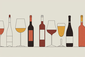 Bottles and glasses with a variety of wine on a light background. Red and white wine. Illustration