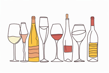 Wine bottles and glasses on a white background. Minimalistic illustration.