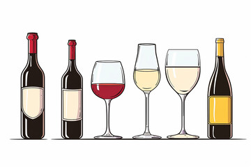 Wine bottles and glass. Row of wine bottles and glasses with red and white wine on a white background. Red and white wine. Illustration