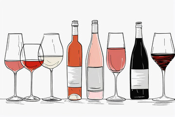 Winemaking concept. Row of wine bottles and glasses with red and white wine on a white background. Red, white and rose wine. Simple elegant illustration.