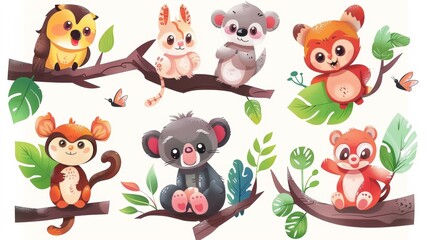 Illustrations of cute animals or characters in playful poses for children books or products.