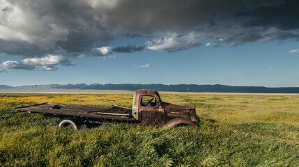 Fototapeta premium Abandoned rusted antique farm truck deserted on an old ranch. Carrizo National Monument, Santa Margarita, California, United States of America.