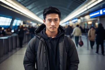 Fototapeta premium Portrait of a tender asian man in his 20s wearing a zip-up fleece hoodie in front of busy airport terminal