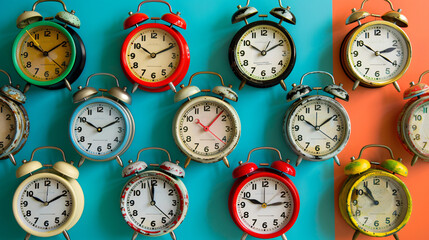 Many alarm clocks on color background