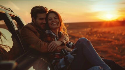 A couple is sitting in a car, smiling at the camera