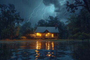 Lightning above a cozy cottage at night. Generative AI.