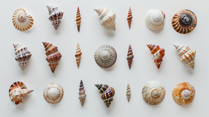 Many beautiful sea shells on white background top view