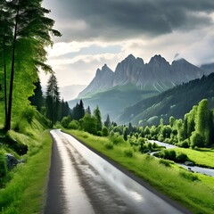  summerrain drizzling over a v rdant dolomites forest-road mountain road stretching through lush gr