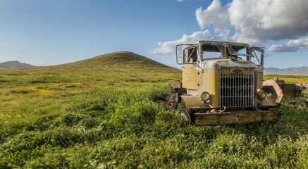 Abandoned rusted antique farm truck deserted on an old ranch. Carrizo National Monument, Santa Margarita, California, United States of America.
