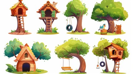 Wooden constructions with ladder and tyre swing for kids summer time recreation, games and activities, forest camp. Cartoon modern illustration.