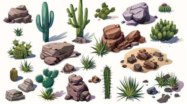 Detailed set of desert mountain rocks and cacti, tumbleweed, stones, green prickly plants for game development, Cartoon modern illustration, icons.