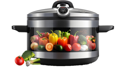 A smart electric steamer with preset vegetable programs on a transparent background. PNG format,...