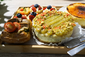Varieties of cake and pastry in a tray