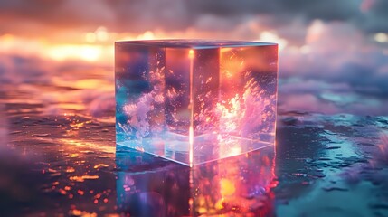Translucent Cube Infused with Vibrant Color Reflections