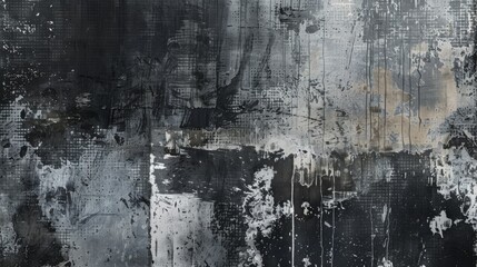 Grungy textures in shades of black and gray create an edgy vibe.