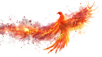 Fiery Phoenix Bird in Flight - Isolated on White Transparent Background, PNG
