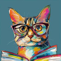 Colorful Illustrated Cat with Glasses Reading a Book on Teal Background
